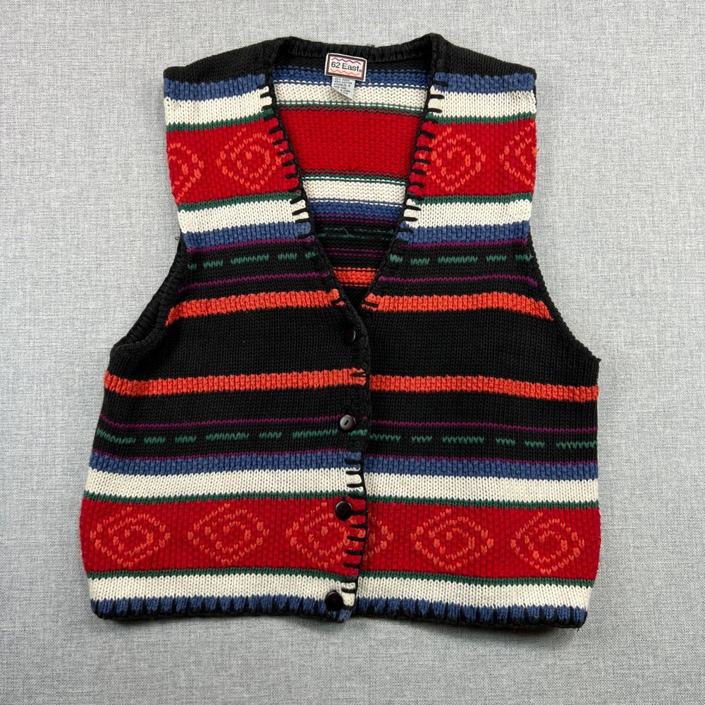 VTG 90s 62 East Southwestern Stripe Knit Sweater Vest Women L Colorful Cottage